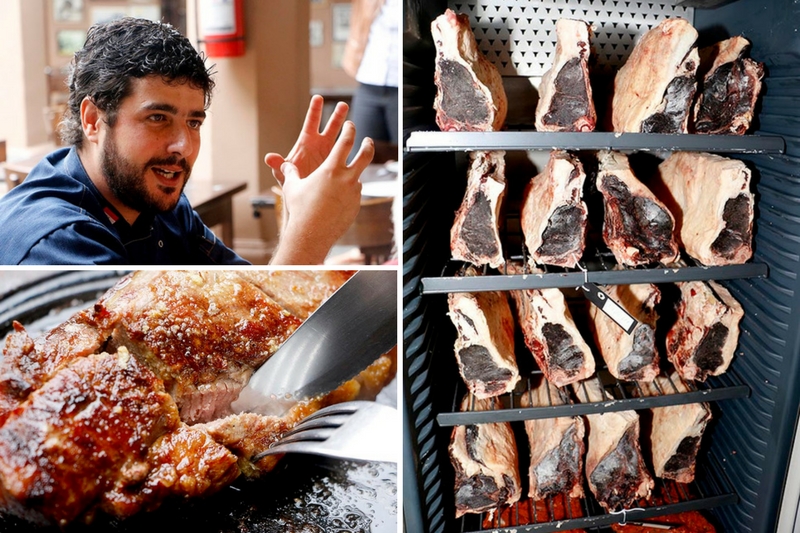 Arriba, el chef corporativo Daniel Bonapartian, abajo el corte dry aged y al costado la carne somedita al proceso de maduración en seco en el interior del dry ager.