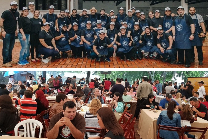 Arriba los asadores que dieron inicio a la formación de la primera asociación paraguaya y abajo parte del público que se reunió en el evento pese a la intensa lluvia que caía.