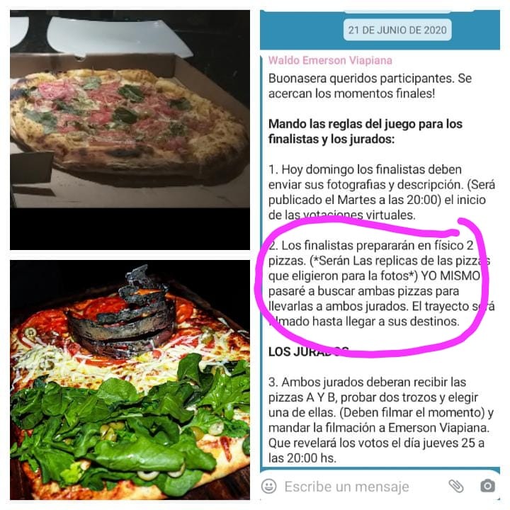 Arriba la foto de la pizza física que Guggiari presentó a los miembros del jurado. Abajo, la foto de la pizza que subió para que votaran los participantes. Al costado la reglamentación que exigía que ambas pizzas sean idénticas.