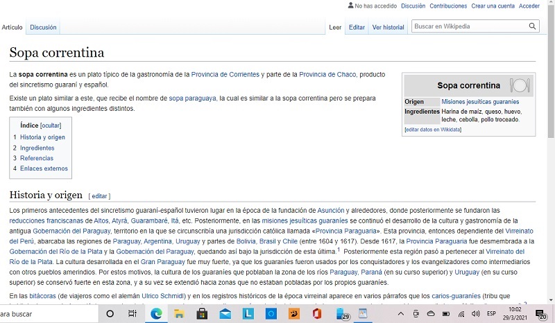 Página de Wikipedia donde se habla de la sopa correntina.
