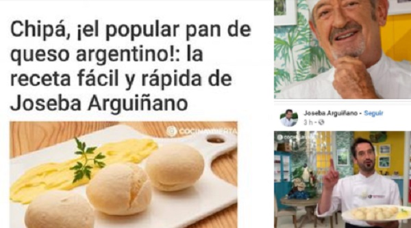 Así apareció el posteo en las redes sociales de Antena 3 y Hogarmanía.com, sobre el programa Cocina Abierta de Karlos Arguiñano. Abajo Joseba Arguiñano quién preparó la receta.