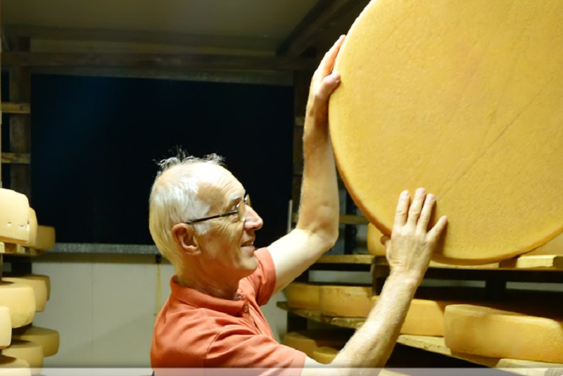 Dominique Frossard manipulando una de las ruedas de queso Gruyere en la cámara de maduración de su fábrica Cremo. (Foto de Gustavo Verly).