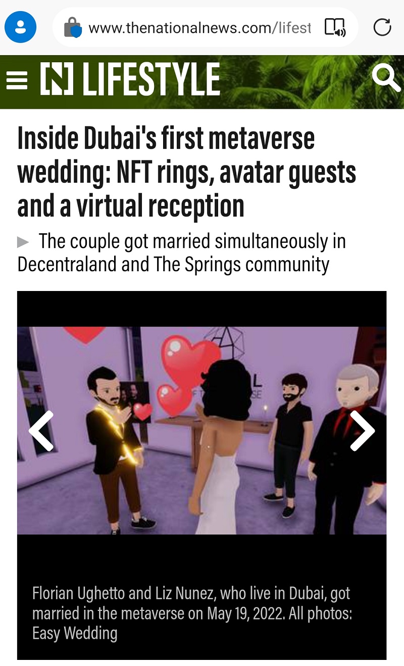 Los principales medios periodísticos de los Emiratos Arabes Unidos, destacaron el casamiento en el metaverso.